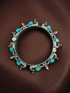 Oxidized Silver Replica Peacock Design Bangle | Stone & Pearl Work Beautiful Openable Kada — "Aqua"