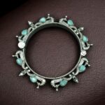 Oxidized Silver Replica Peacock Design Bangle | Stone & Pearl Work Beautiful Openable Kada - "Mint"