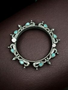 Oxidized Silver Replica Peacock Design Bangle | Stone & Pearl Work Beautiful Openable Kada — "Mint"