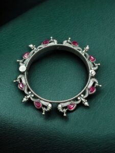 Oxidized Silver Replica Peacock Design Bangle | Stone & Pearl Work Beautiful Openable Kada — "Red"
