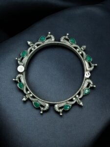 Oxidized Silver Replica Peacock Design Bangle | Stone & Pearl Work Beautiful Openable Kada — "Green"