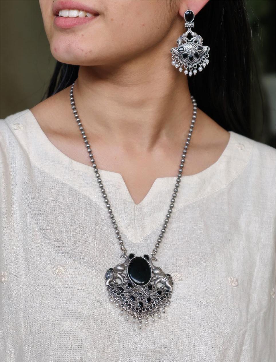 Traditional Elephant Design Necklace Set | Monalisa Stone and Pearl Work Perfect Jewelry For Girls 1 Traditional elephant design necklace set with Monalisa stone and pearl work