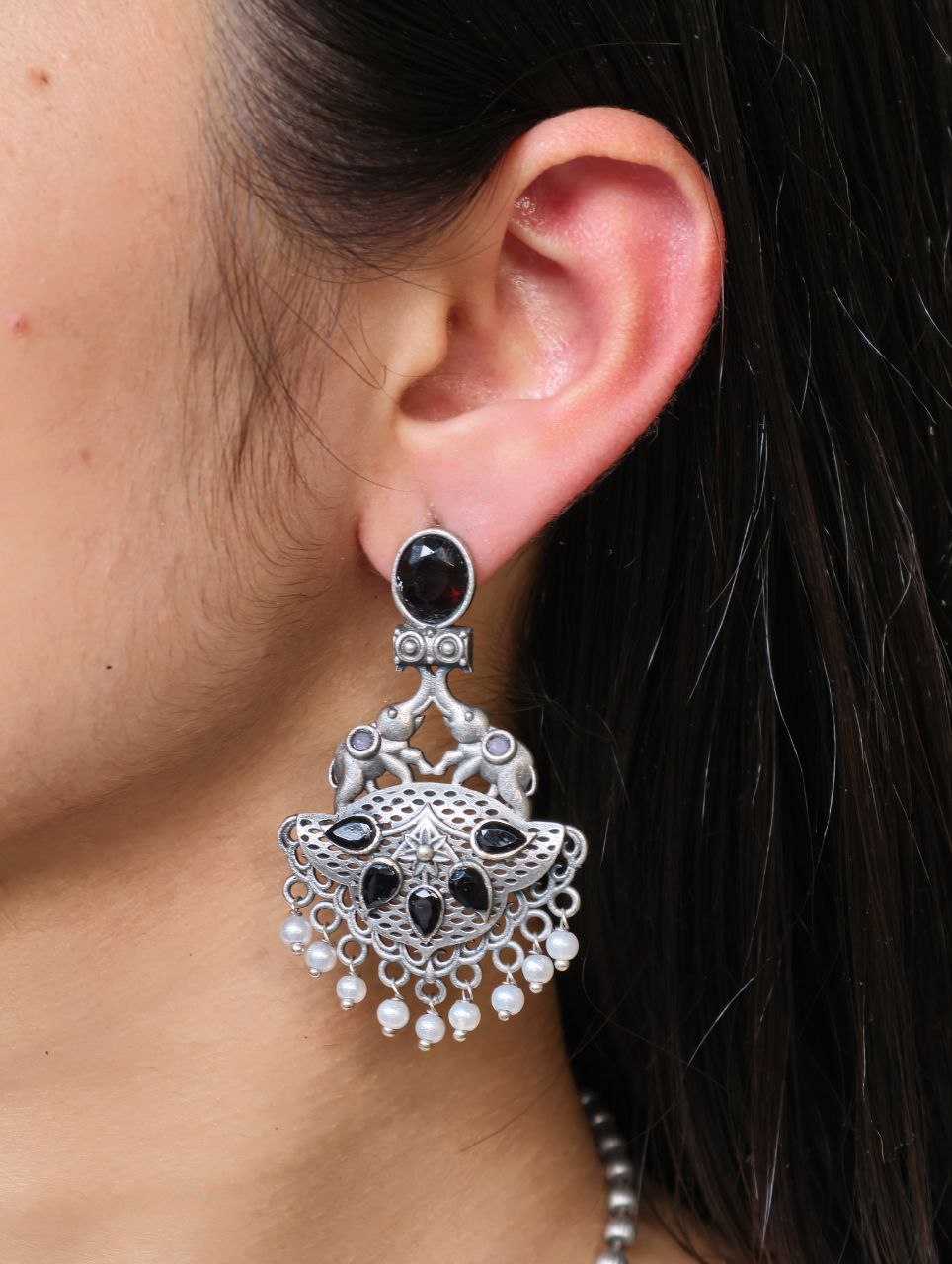 Traditional Elephant Design Necklace Set | Monalisa Stone and Pearl Work Perfect Jewelry For Girls 10 Traditional elephant design necklace set with Monalisa stone and pearl work