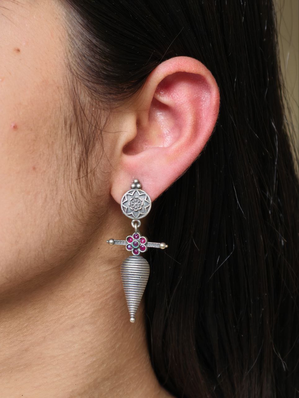 Traditional Oxidized Dangler Earrings | Unique Design Stone Work Silver Replica Jewelry 1 Traditional oxidized dangler earrings with stone work