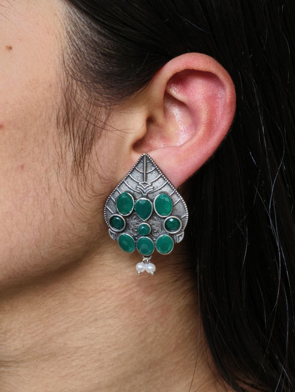 Traditional Leaf Design Earrings | Silver Replica Stone & Pearl Work Best Oxidized Jewelry 1 Traditional leaf design earrings oxidized silver replica with stone and pearl work