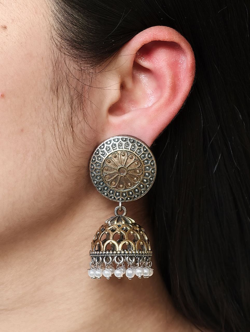 Handcrafted Two-Tone Jhumka Earrings | Pearl Work Traditional Beautiful Jewelry Gift For Her 1 Handcrafted two-tone jhumka earrings with pearl work