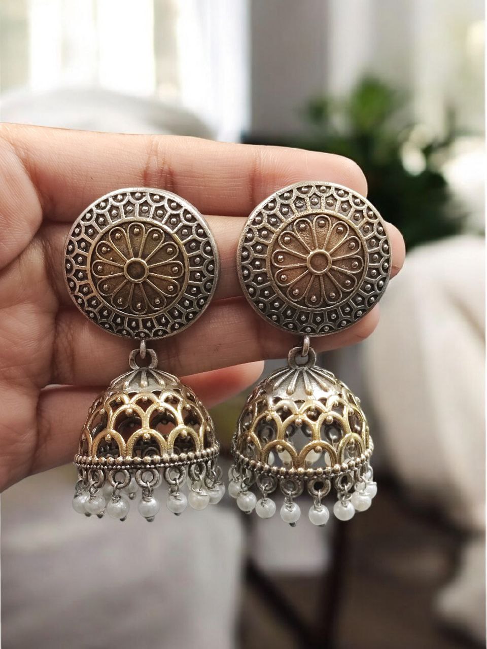Handcrafted Two-Tone Jhumka Earrings | Pearl Work Traditional Beautiful Jewelry Gift For Her 4 Handcrafted two-tone jhumka earrings with pearl work