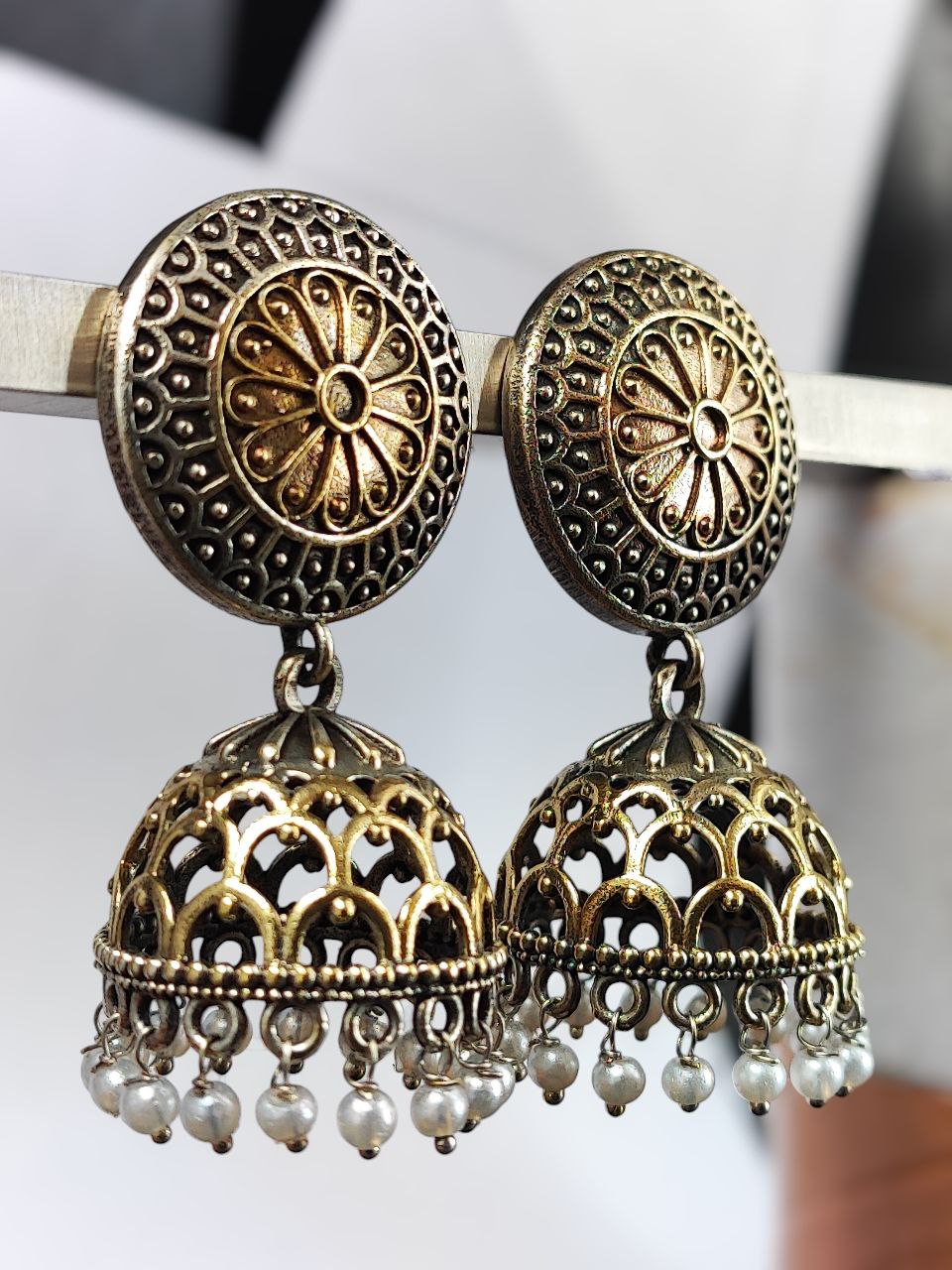 Handcrafted Two-Tone Jhumka Earrings | Pearl Work Traditional Beautiful Jewelry Gift For Her 3 Handcrafted two-tone jhumka earrings with pearl work