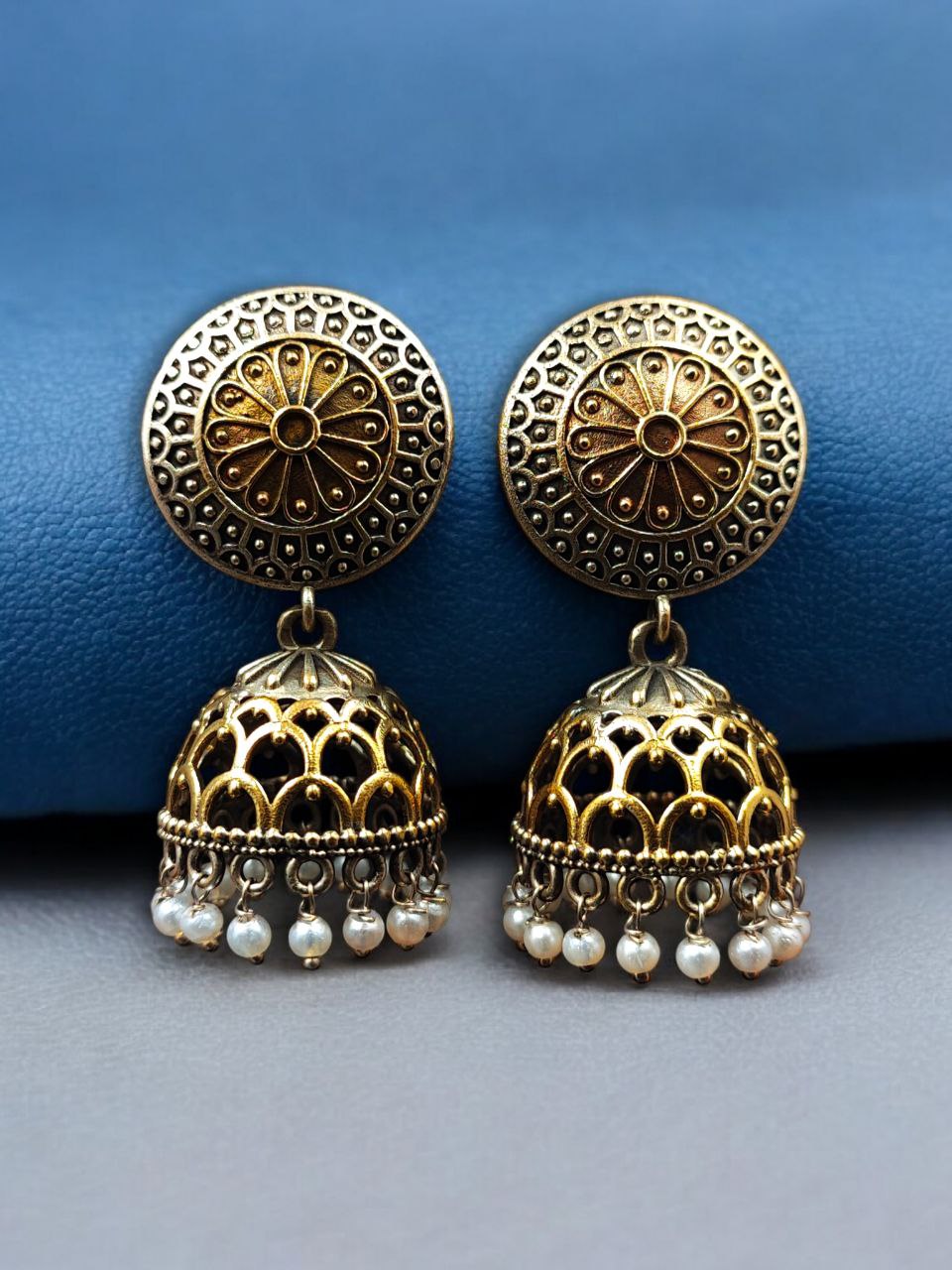 Handcrafted Two-Tone Jhumka Earrings | Pearl Work Traditional Beautiful Jewelry Gift For Her 2 Handcrafted two-tone jhumka earrings with pearl work