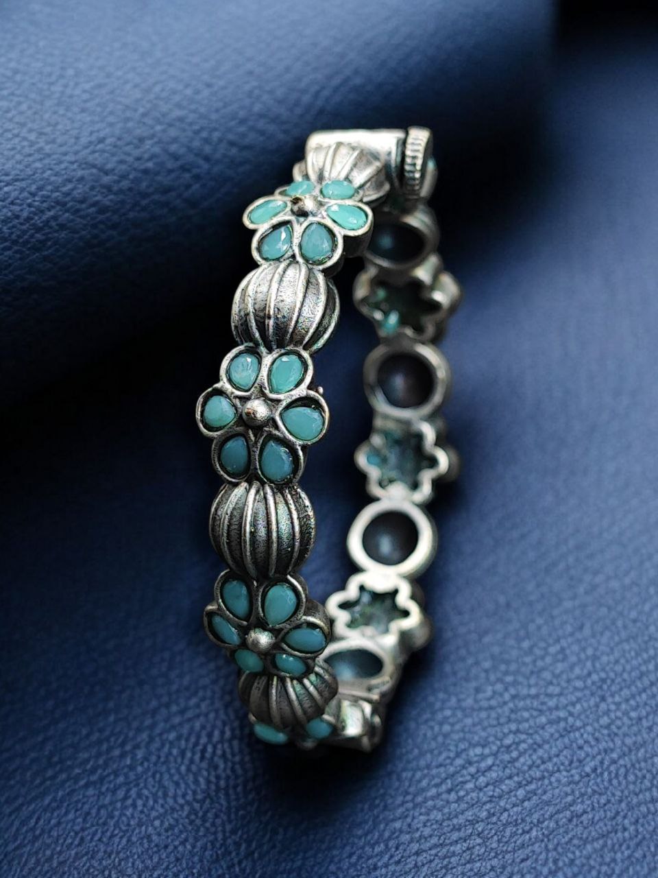 Traditional Openable Flower Design Bangle | Stone Work Silver Replica Best Oxidized Jewelry 8 Traditional openable flower design oxidized silver replica bangle with stone work