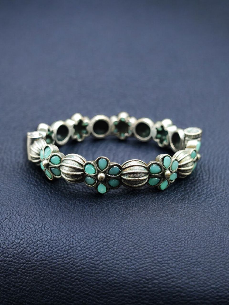 Traditional Openable Flower Design Bangle | Stone Work Silver Replica Best Oxidized Jewelry 7 Traditional openable flower design oxidized silver replica bangle with stone work