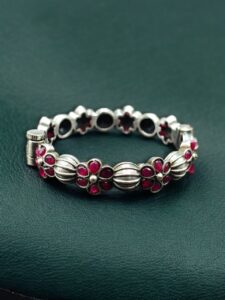 Traditional Openable Flower Design Bangle | Stone Work Silver Replica Best Oxidized Jewelry — "Red"