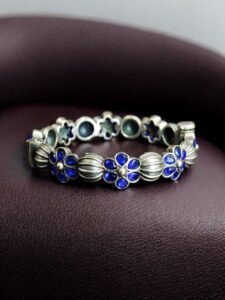 Traditional Openable Flower Design Bangle | Stone Work Silver Replica Best Oxidized Jewelry — "Blue"