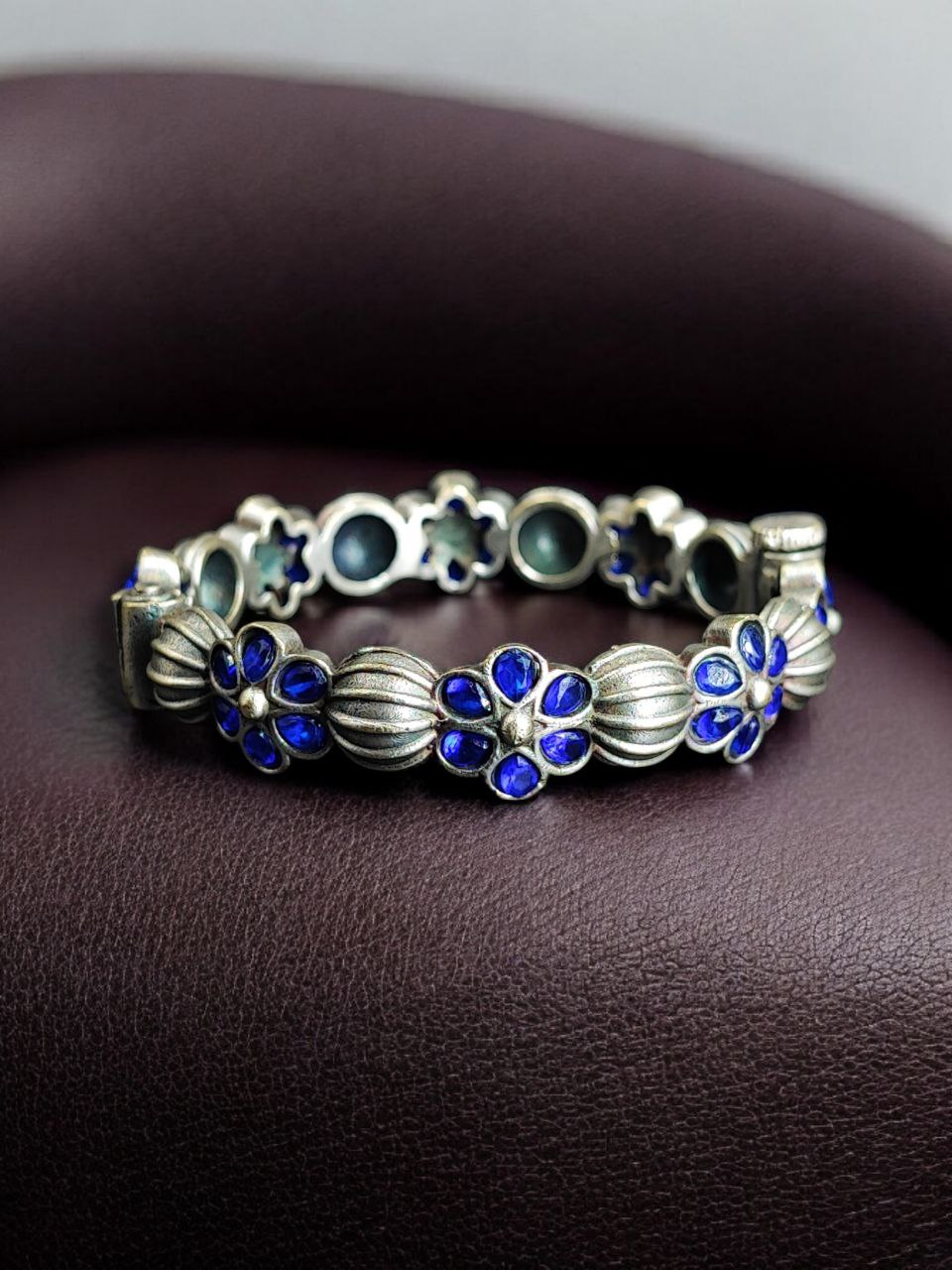 Traditional Openable Flower Design Bangle | Stone Work Silver Replica Best Oxidized Jewelry 6 Traditional openable flower design oxidized silver replica bangle with stone work