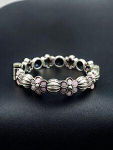 Traditional Openable Flower Design Bangle | Stone Work Silver Replica Best Oxidized Jewelry — "Baby Pink"