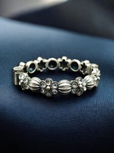 Traditional Openable Flower Design Bangle | Stone Work Silver Replica Best Oxidized Jewelry — "White"