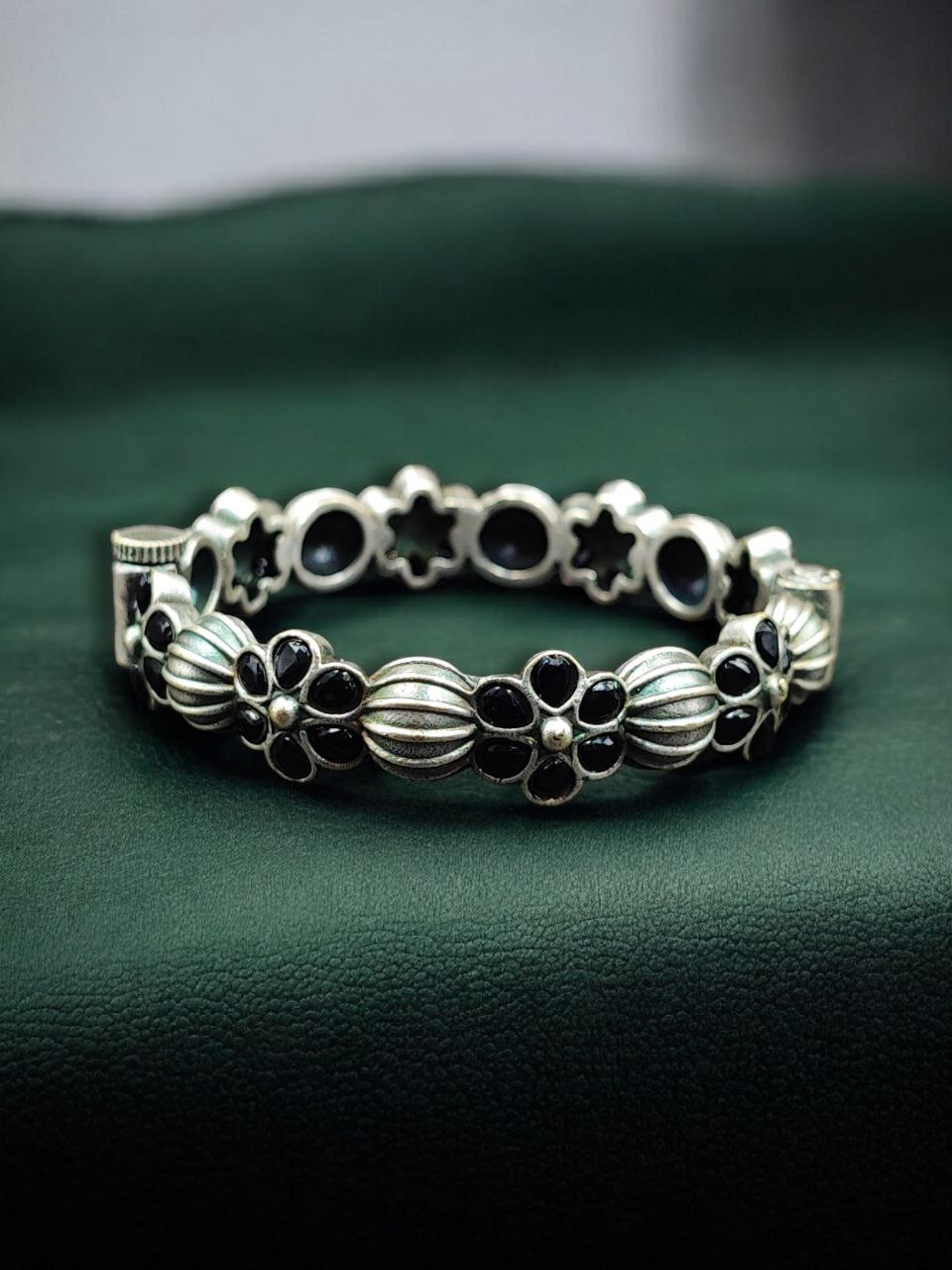 Traditional Openable Flower Design Bangle | Stone Work Silver Replica Best Oxidized Jewelry 3 Traditional openable flower design oxidized silver replica bangle with stone work