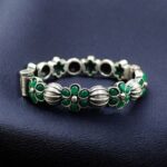 Traditional Openable Flower Design Bangle | Stone Work Silver Replica Best Oxidized Jewelry - "Green"