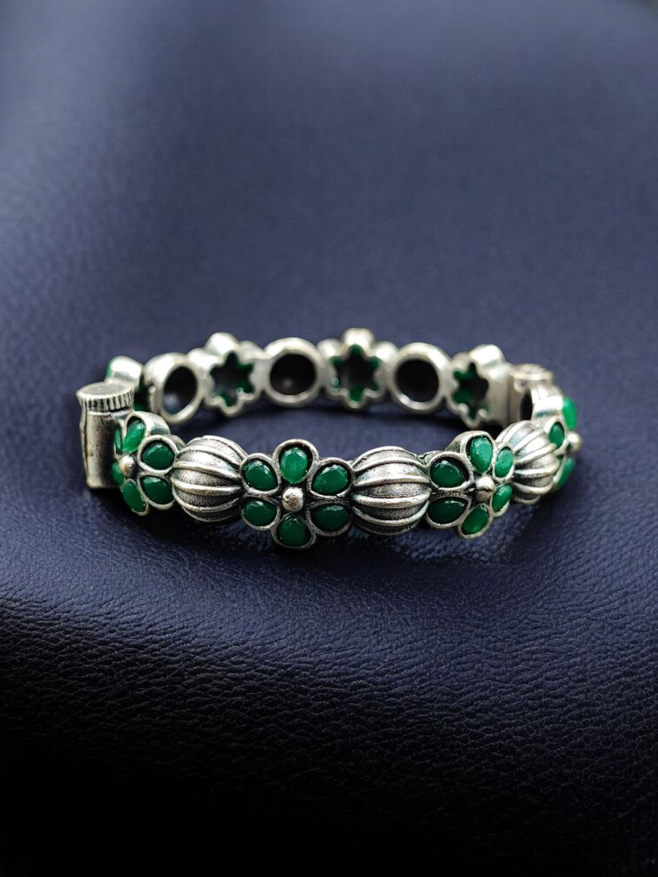 Traditional Openable Flower Design Bangle | Stone Work Silver Replica Best Oxidized Jewelry 2 Traditional openable flower design oxidized silver replica bangle with stone work