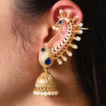 Beautiful Design Gold Plated Jhumki Earcuff | Elegant Stone & Pearl Detailing Jewelry For Girls - "Blue"