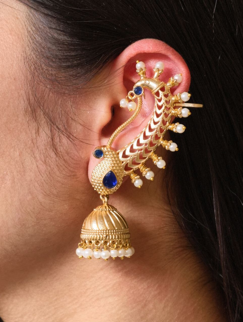 Beautiful Design Gold Plated Jhumki Earcuff | Elegant Stone & Pearl Detailing Jewelry For Girls 3 Gold plated jhumki earcuff with stone and pearl detailing