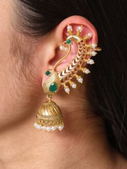 Gold plated jhumki earcuff with stone and pearl detailing