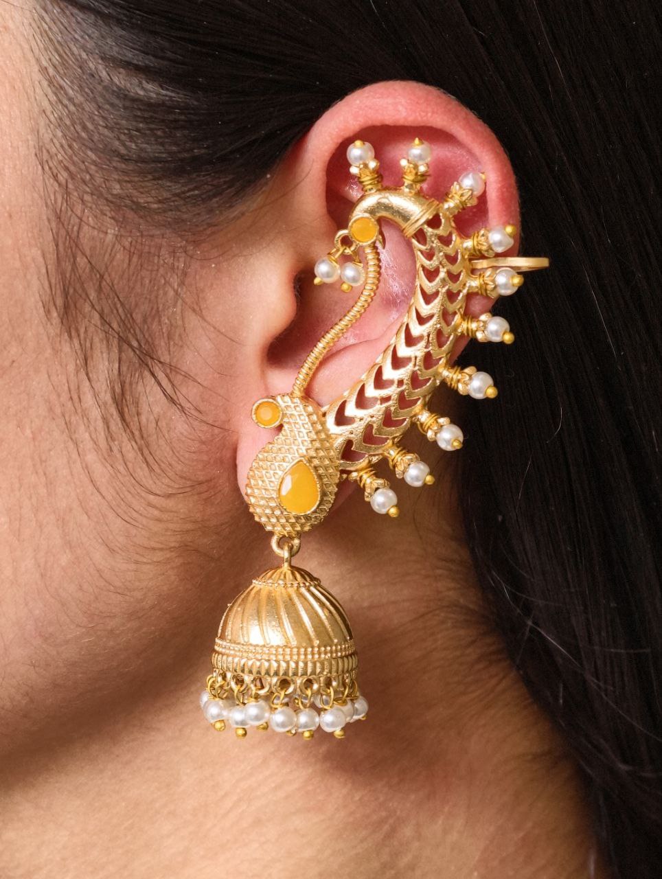 Beautiful Design Gold Plated Jhumki Earcuff | Elegant Stone & Pearl Detailing Jewelry For Girls 4 Gold plated jhumki earcuff with stone and pearl detailing