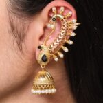 Beautiful Design Gold Plated Jhumki Earcuff | Elegant Stone & Pearl Detailing Jewelry For Girls - "Black"
