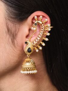 Beautiful Design Gold Plated Jhumki Earcuff | Elegant Stone & Pearl Detailing Jewelry For Girls — "Black"