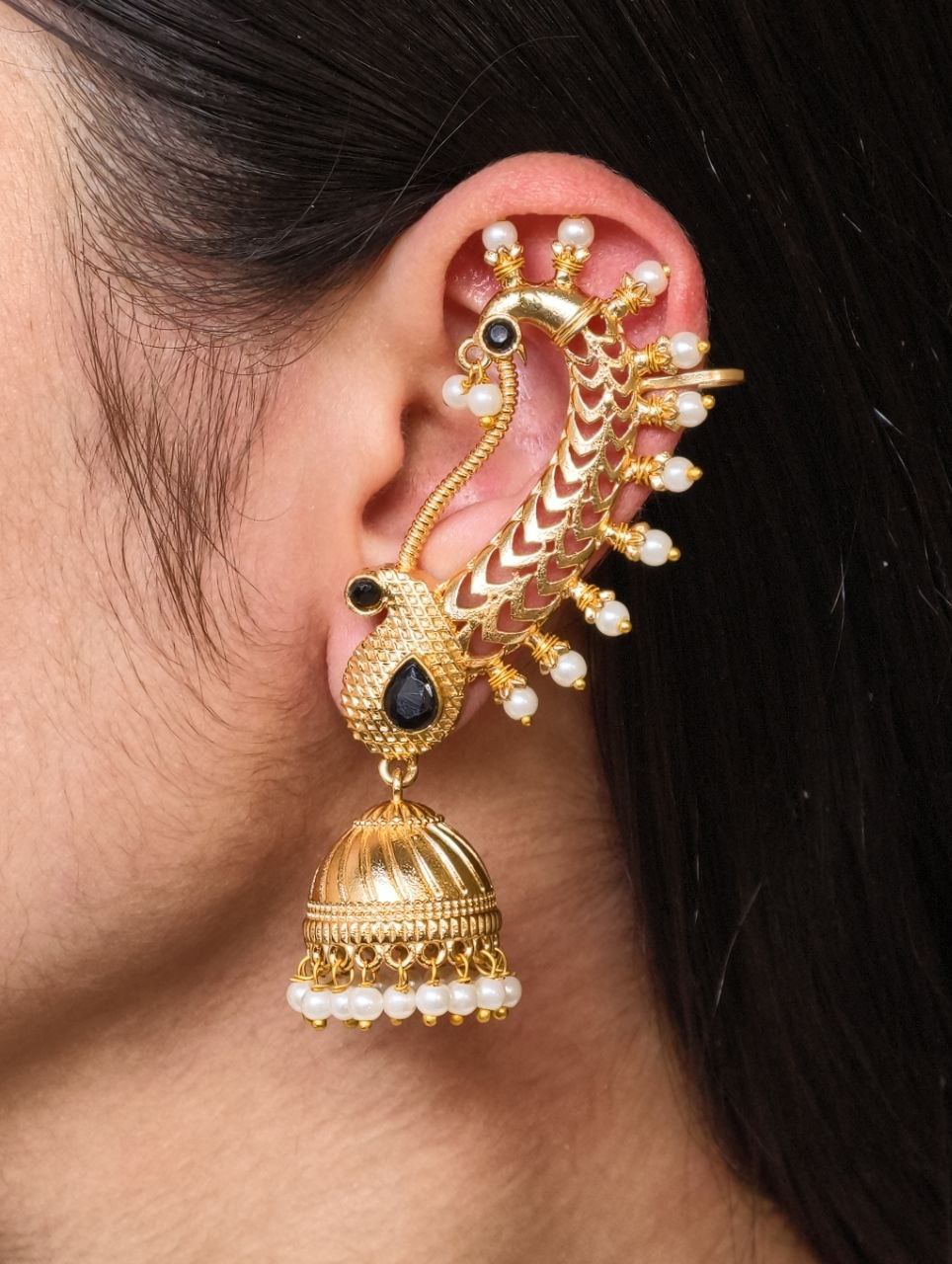Beautiful Design Gold Plated Jhumki Earcuff | Elegant Stone & Pearl Detailing Jewelry For Girls 6 Gold plated jhumki earcuff with stone and pearl detailing