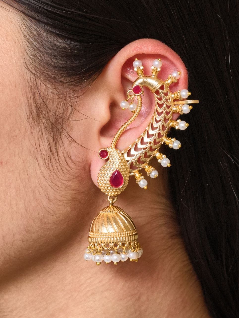 Beautiful Design Gold Plated Jhumki Earcuff | Elegant Stone & Pearl Detailing Jewelry For Girls 5 Gold plated jhumki earcuff with stone and pearl detailing