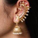Beautiful Design Gold Plated Jhumki Earcuff | Elegant Stone & Pearl Detailing Jewelry For Girls - "Baby Pink"