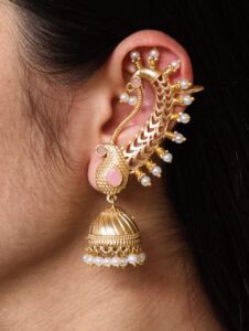 Beautiful Design Gold Plated Jhumki Earcuff | Elegant Stone & Pearl Detailing Jewelry For Girls — "Baby Pink"