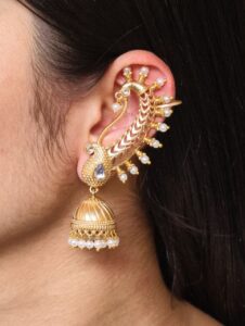Beautiful Design Gold Plated Jhumki Earcuff | Elegant Stone & Pearl Detailing Jewelry For Girls — "White"