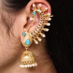 Beautiful Design Gold Plated Jhumki Earcuff | Elegant Stone & Pearl Detailing Jewelry For Girls - "Aqua"