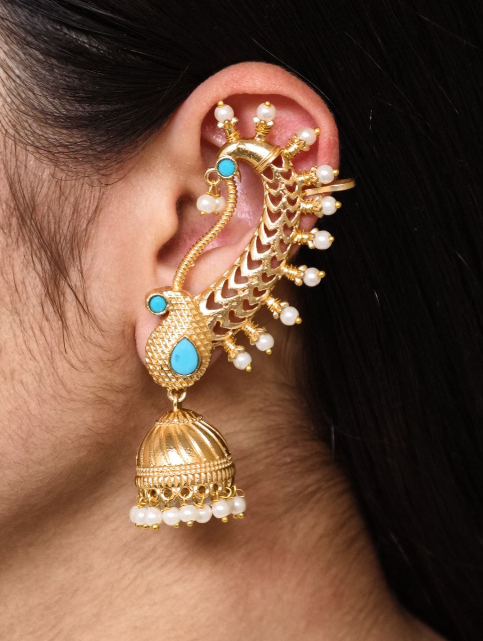 Beautiful Design Gold Plated Jhumki Earcuff | Elegant Stone & Pearl Detailing Jewelry For Girls 9 Gold plated jhumki earcuff with stone and pearl detailing