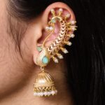 Beautiful Design Gold Plated Jhumki Earcuff | Elegant Stone & Pearl Detailing Jewelry For Girls - "Mint"