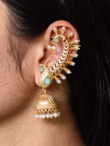 Beautiful Design Gold Plated Jhumki Earcuff | Elegant Stone & Pearl Detailing Jewelry For Girls — "Mint"