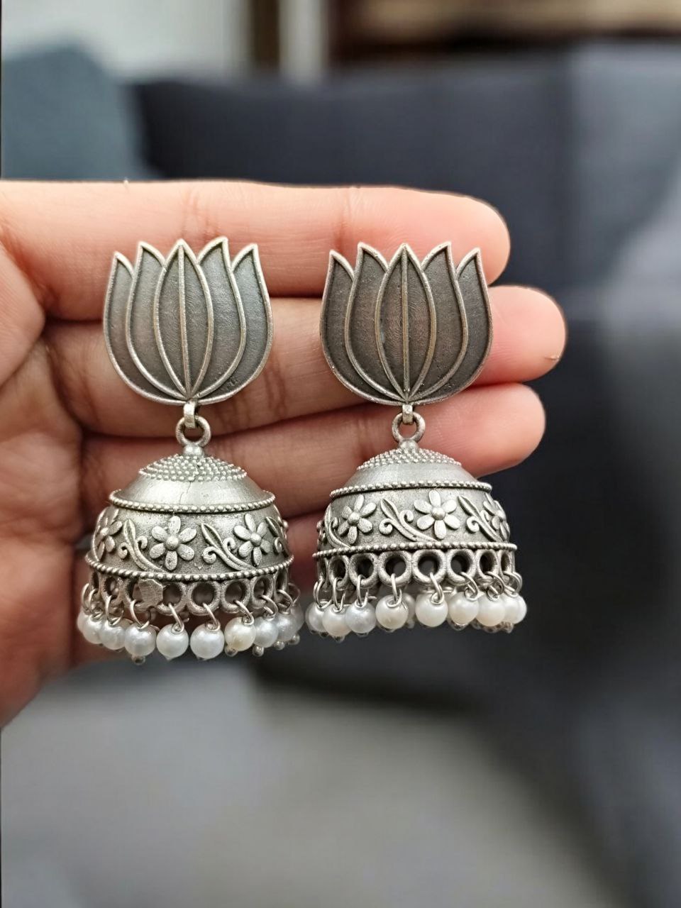 Handcrafted Lotus Design Jhumki Earrings | Pearl Work Silver Replica Amazing Jewelry 3 Handcrafted lotus design jhumki earrings with pearl work silver replica