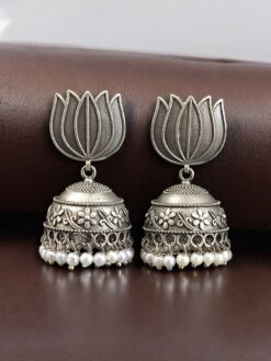 Handcrafted lotus design jhumki earrings with pearl work silver replica