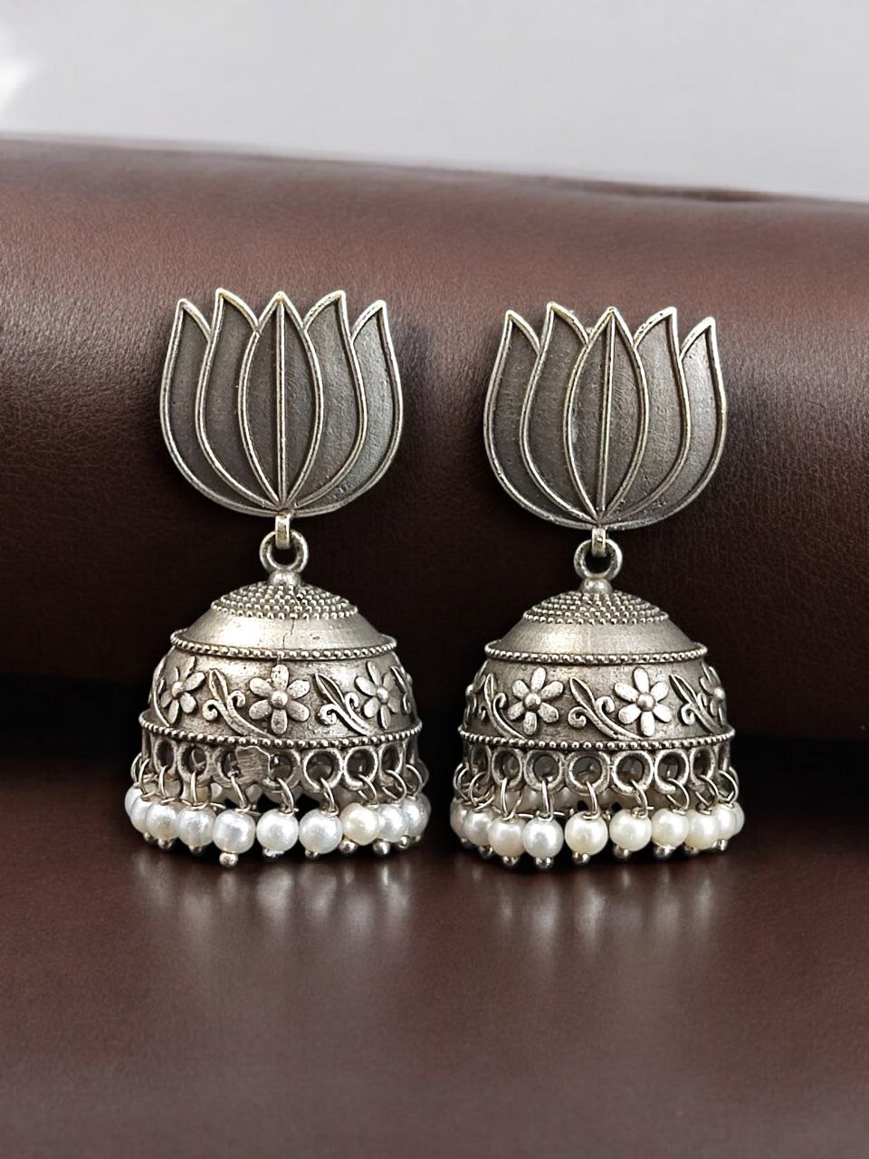 Handcrafted Lotus Design Jhumki Earrings | Pearl Work Silver Replica Amazing Jewelry 1 Handcrafted lotus design jhumki earrings with pearl work silver replica