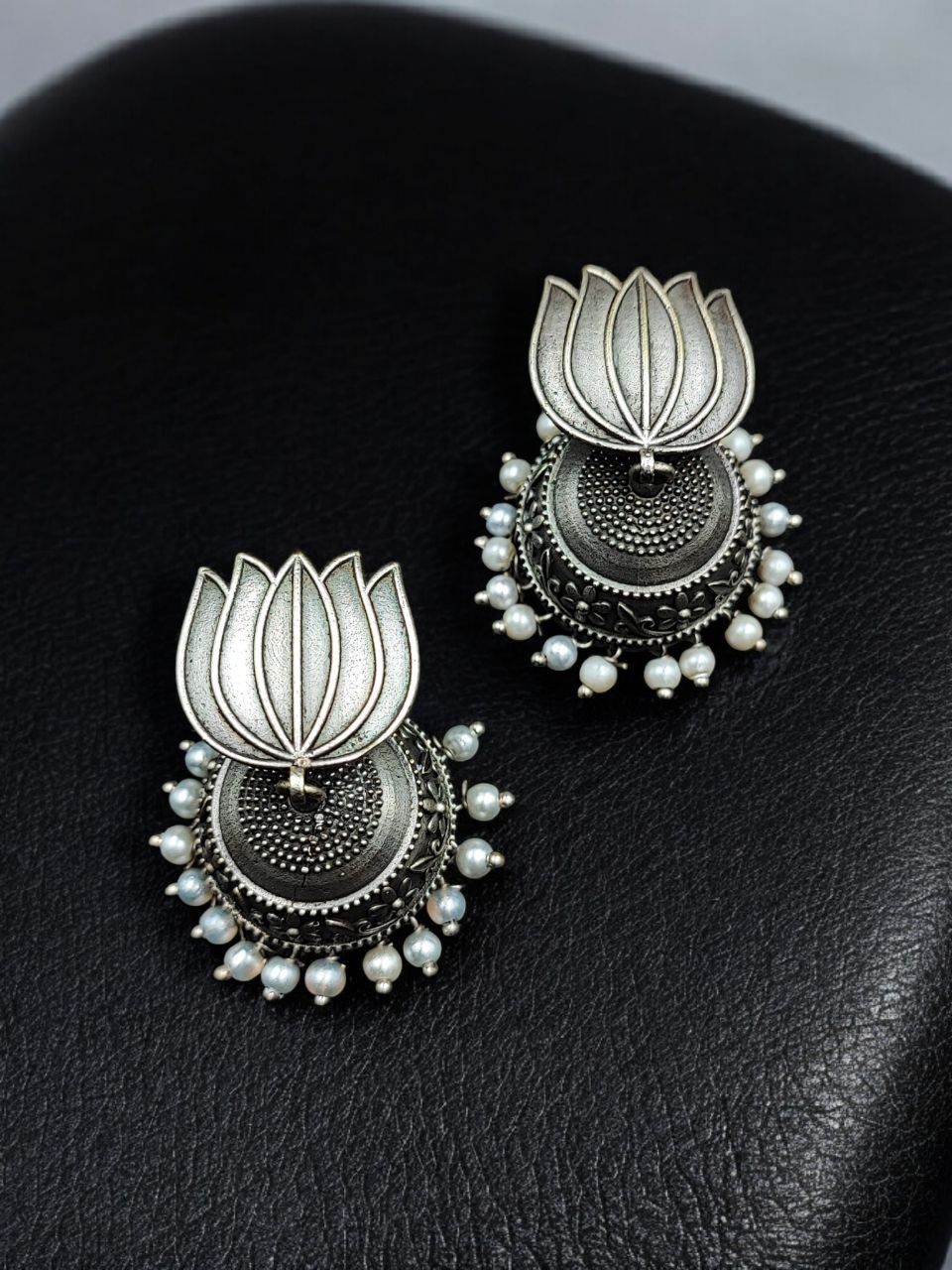 Handcrafted Lotus Design Jhumki Earrings | Pearl Work Silver Replica Amazing Jewelry 2 Handcrafted lotus design jhumki earrings with pearl work silver replica