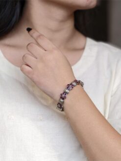 Traditional openable flower design bangle oxidized silver replica with stone work