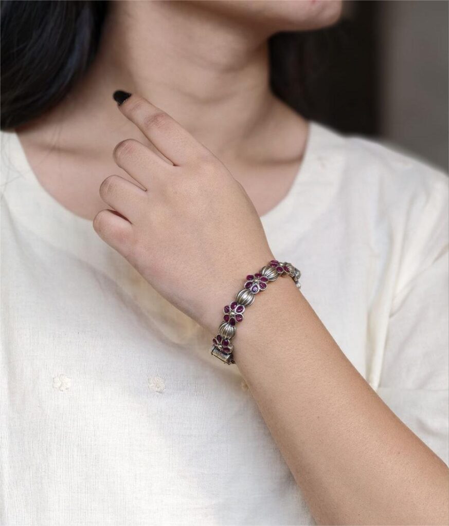 Traditional Openable Flower Design Bangle | Stone Work Silver Replica Best Oxidized Jewelry