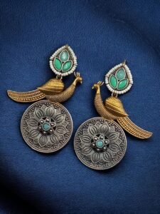 Beautiful Traditional Peacock Two-Tone Earrings | Elegant Dangler with Pearl & Stone Work Statement Jewelry — "Mint"