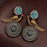 Beautiful Traditional Peacock Two-Tone Earrings | Elegant Dangler with Pearl & Stone Work Statement Jewelry - "Aqua"