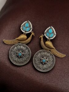 Beautiful Traditional Peacock Two-Tone Earrings | Elegant Dangler with Pearl & Stone Work Statement Jewelry — "Aqua"
