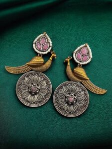 Beautiful Traditional Peacock Two-Tone Earrings | Elegant Dangler with Pearl & Stone Work Statement Jewelry — "Baby Pink"