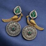 Beautiful Traditional Peacock Two-Tone Earrings | Elegant Dangler with Pearl & Stone Work Statement Jewelry - "Green"