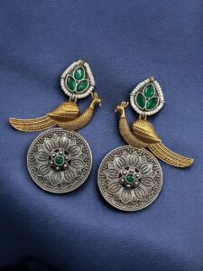 Beautiful Traditional Peacock Two-Tone Earrings | Elegant Dangler with Pearl & Stone Work Statement Jewelry — "Green"